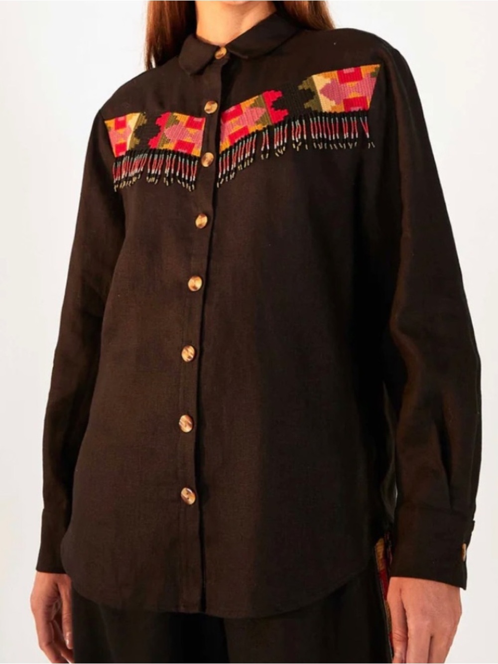 Farm Rio Women’s 100% Linen Black Beaded Fringe Shirt Oversized Button Down Sz S